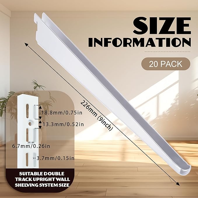 20 Pcs Adjustable Shelf Brackets for Double Track System Closet Organization Heavy Duty Wire Shelf Brackets (White,9 Inch)