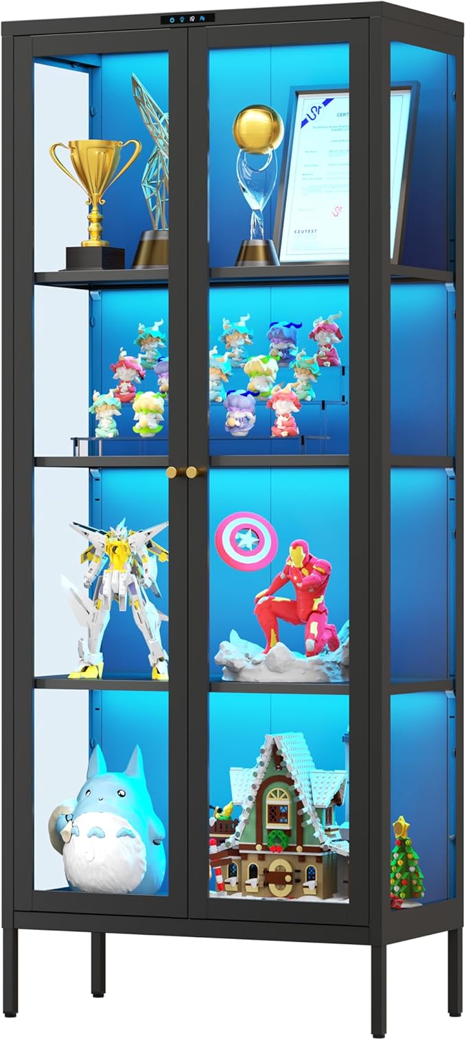 Glass Display Cabinet with 8-Color LED Lights, Black Curio Cabinet with Glass Doors, 66 Inch Tall Display Case for Collectibles, Metal Storage Cabinet for Living Room, Assembly Required
