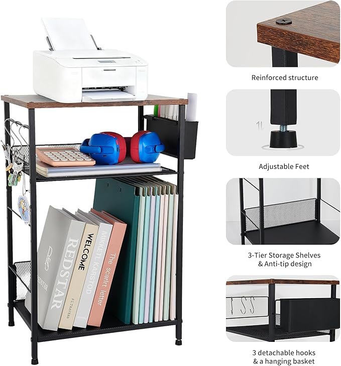 Small Under Desk Storage, Brown Printer Stand with Storage Shelf, 3-Tier Height Adjustable Printer Table with Basket & 3 Hooks for Home Office Fax Machine Scanner Files