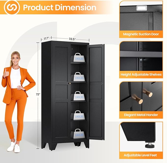 72" Tall Kitchen Cabinet Storage Unit With 2 Doors and 4 Adjustable Shelve, Metal Black Freestanding Cupboard, 5 Tier Kitchen Pantry Storage Cabinet for Kitchen Dining/Living Room/Garage/Home/Office