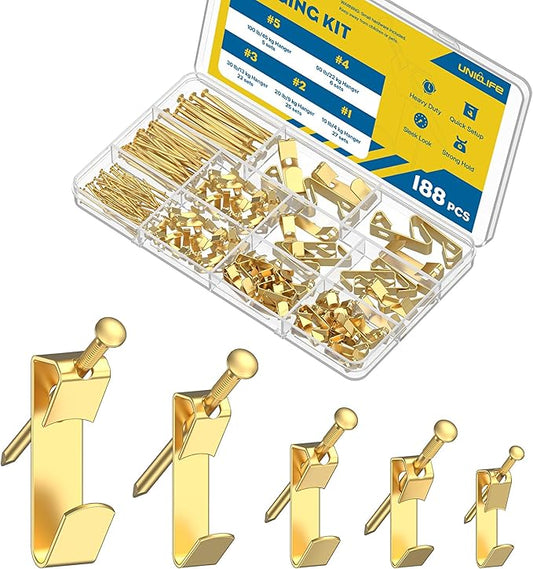 Uniclife 188 Pcs Picture Hanging Kit, 10 lb, 20 lb, 30 lb, 50 lb, 100 lb Heavy Duty Picture Hangers for Drywall & Wood, Picture Hanging Hooks, Frame Hooks for Hanging Photos Mirrors Paintings