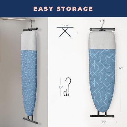 Ironing Board, Compact and Space Saver Foldable Iron Board, Safety Ironing with Park Zone and 3 Layers Extra Thick Cover, Adjustable Height, Easy Storage with Smart Hanger and Lightweight Design