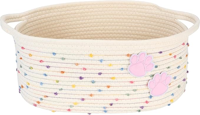 Sea Team Pet Toy Storage Basket with Handles, 16.5 x 11 x 7 Inches, 4.4 Gallons Large Cotton Rope Storage Bin, Shelf Basket, Organizer for Cat, Dog Chew Toys, Foods, Rainbow & Pink Paws