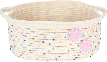 Sea Team Pet Toy Storage Basket with Handles, 16.5 x 11 x 7 Inches, 4.4 Gallons Large Cotton Rope Storage Bin, Shelf Basket, Organizer for Cat, Dog Chew Toys, Foods, Rainbow & Pink Paws