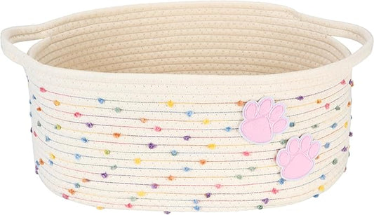 Sea Team Pet Toy Storage Basket with Handles, 16.5 x 11 x 7 Inches, 4.4 Gallons Large Cotton Rope Storage Bin, Shelf Basket, Organizer for Cat, Dog Chew Toys, Foods, Rainbow & Pink Paws
