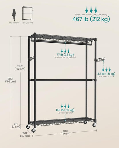 SONGMICS Heavy-Duty Rolling Clothes Rack, Garment Rack, Portable Closet on Wheels, with Adjustable Mesh Shelves and Hanging Rails, Hooks, 15.8 x 43.3 x 78.3 Inches, Ink Black ULGR417BH01