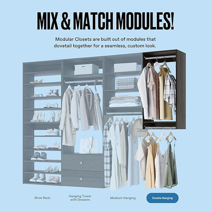 Double Hanging Closet Unit - Modular System for Hanging - Corner Organizer and Storage Shelves (Grey, 24 Inches Wide)