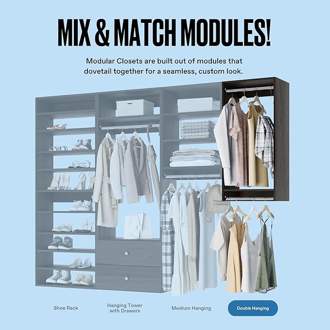Double Hanging Closet Unit - Modular Corner Closet System - Grey, 31.5 inches Wide - Includes Shelves