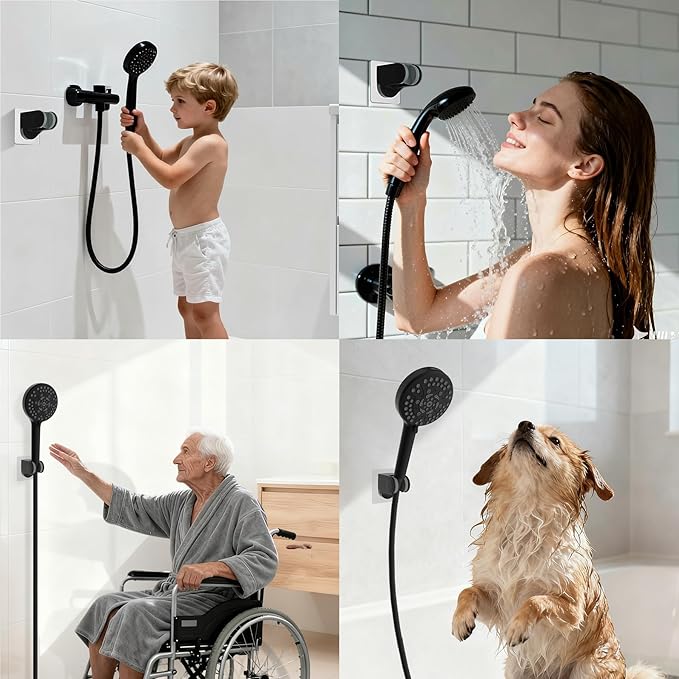 Hibbent 2 Pack Shower Head Holder - Strong Adhesive Wall Mount, Height Adjustable, No Drilling - Matte Black
