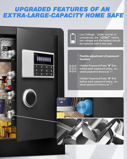 6.0 Cu Ft Large Fireproof Waterproof Safe Box for Office Document-HIDDEN LOCK BOX, Heavy Duty Steel Home Safety Box with Light, Dual Key System, Two Removable Shelf, Personal Combination Safe for Cash