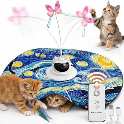 Interactive Automatic Rechargeable Cat Toy – Touch Sensor – Fluttering Butterfly, Feather Wand & Hide and Seek – 360° Random Rotation – Starry Night Design with Remote Control