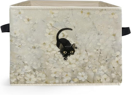 Neutral Floral Black Cat Storage Box Bins, Whimsical Botanical Black Cat Collapsible Storage Basket Organizer for Bedroom Laundry Room Home Clothes Toys Books, Toybox for Girls