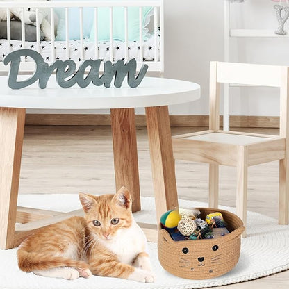 Zopeal Cat Basket Storage Woven Organizer with Ears Easter Decorative Gift Pet Toy Cute Cotton Rope Basket for Gift Cat Dog Toy Bin Nursery Room(8.3 x 4.7 Inch,Khaki)