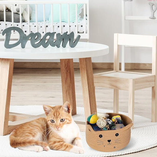 Zopeal Cat Basket Storage Woven Organizer with Ears Easter Decorative Gift Pet Toy Cute Cotton Rope Basket for Gift Cat Dog Toy Bin Nursery Room(8.3 x 4.7 Inch,Khaki)