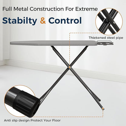 BEWISHOME Foldable Ironing Board, Compact Iron Board with 7 Adjustable Heights and Safety Iron Rest, Ironing Stand with Cover and Pad for Heat Resistance, for Laundry Room 43" X 13" Grey KYB01B