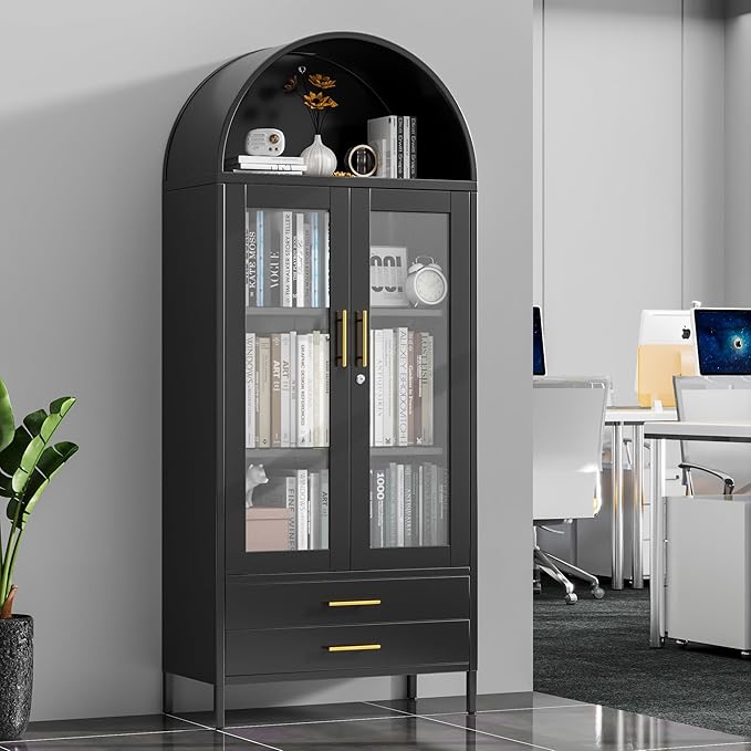 73'' Black Tall Arched Bookcase Cabinet with Glass Doors, Metal Arched Pantry Cabinet with 2 Drawers for Home Kitchen Office,Required Assembly