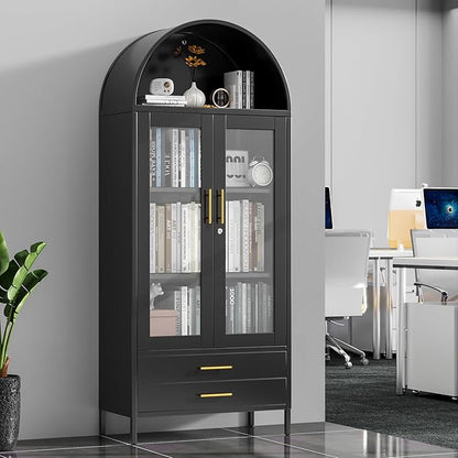 73'' Black Tall Arched Bookcase Cabinet with Glass Doors, Metal Arched Pantry Cabinet with 2 Drawers for Home Kitchen Office,Required Assembly