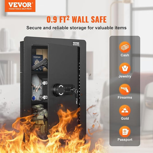 VEVOR 25.59" High Concealed Wall Safe, Keypad Access 3-Level Security Safe, Includes 3 Adjustable Shelves & 6 Hooks, Made of Durable Q235 Steel, Features LED Lighting & Alert System for Valuables