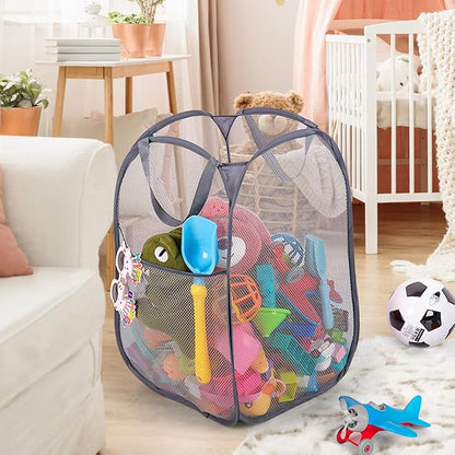 Deluxe Strong Mesh Pop up Laundry Hamper Basket with Side Pocket for Laundry Room, Bathroom, Kids Room, College Dorm or Travel Grey