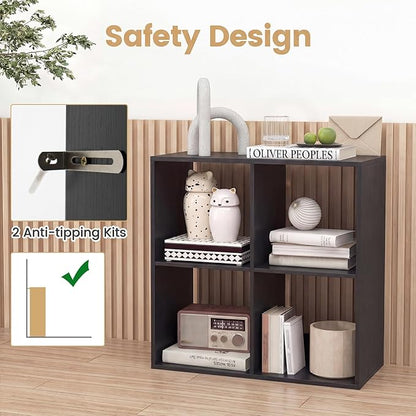 Giantex 4-Cube Bookcase, Cubby Bookshelf w/Back Guardrail & Anti-Tipping Kits, 6-Tier Freestanding Storage Organizer with Shelves, Open Back Display Rack for Living Room, Study