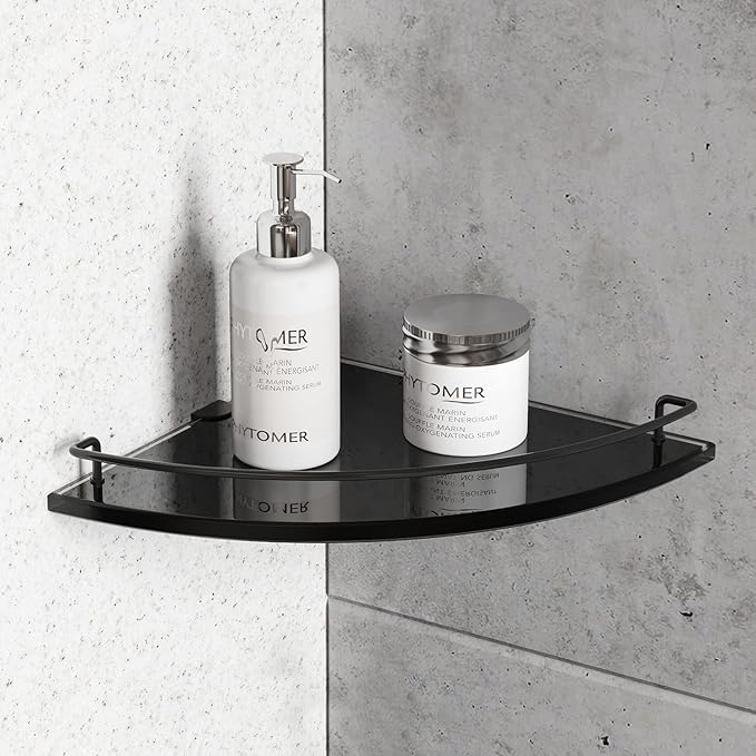 Black Glass Corner Shower Shelves for Bathroom, 8MM Thick Tempered Glass Floating Shelves for Wall with 304 Stainless Steel Rail (1Pack)