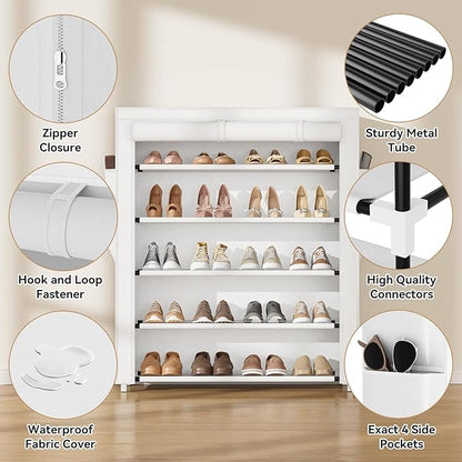 Shoe Rack with Cover, 5 Tier Shoe Organizer Storage for 20-24 Pair Shoes and Boots Large Shoe Storage Shelf Space Saving Vertical Shoe Rack for Closet, Front Door Entrance, Dorm, Garage, White