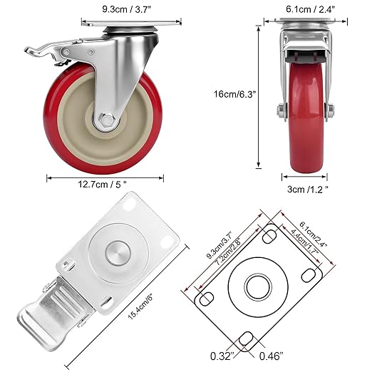 5 Inch Industrial Heavy Duty Swivel Caster Wheels with Brake,Set of 4 Safety Locking Casters,Load 2400lbs,Premium Polyurethane Wheels for Table,Trailer,Saw Table,Stage Toolbox,Bed,Corn Board