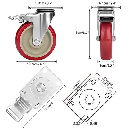 5 Inch Industrial Heavy Duty Swivel Caster Wheels with Brake,Set of 4 Safety Locking Casters,Load 2400lbs,Premium Polyurethane Wheels for Table,Trailer,Saw Table,Stage Toolbox,Bed,Corn Board