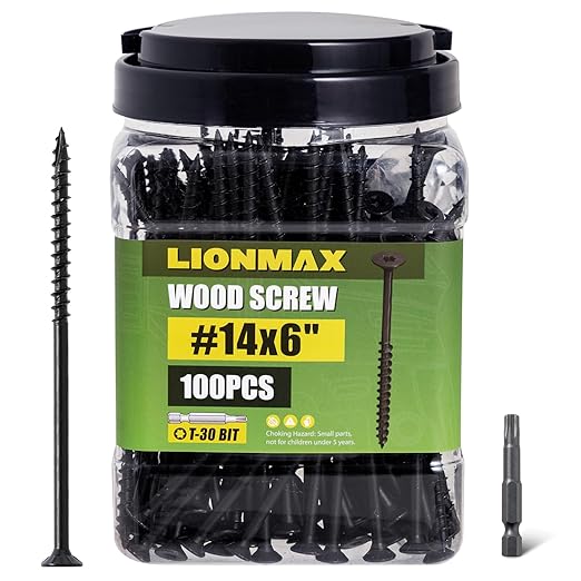 LIONMAX Deck Screws #14 x 6 Inch, 100 PCS, Black Long Wood Screw, Rust Resistant, Exterior Epoxy Coated for Outdoor Decking, Torx/Star Drive Head, T30 Star Bit Included