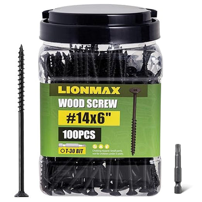 LIONMAX Deck Screws #14 x 6 Inch, 100 PCS, Black Long Wood Screw, Rust Resistant, Exterior Epoxy Coated for Outdoor Decking, Torx/Star Drive Head, T30 Star Bit Included