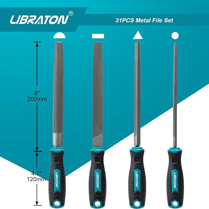 Libraton 31PCs Metal File Set, Metal Files, Metal Files for Steel, 12 Needle Files with Case, Riffler File, 12 Sandpapers, Steel Brush, File Sets for Wood and Metal, for Metalworking & Woodworking