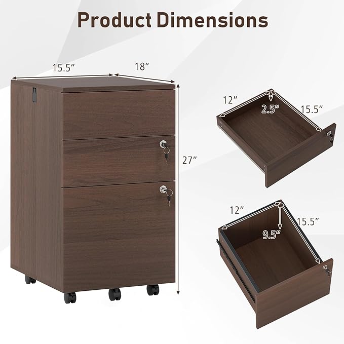 Giantex 3-Drawer File Cabinet with Lock, 27-Inches Storage Cabinet with 2 Side Hooks, Mobile Printer Stand, Wheels, 4 Keys, Vertical Filing Organizer fits Letter/A4 Size for Home Office (Brown)