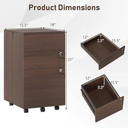 Giantex 3-Drawer File Cabinet with Lock, 27-Inches Storage Cabinet with 2 Side Hooks, Mobile Printer Stand, Wheels, 4 Keys, Vertical Filing Organizer fits Letter/A4 Size for Home Office (Brown)