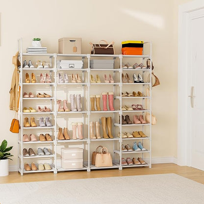 ROJASOP Large Shoe Rack Organizer for Entryway Closet 64-68 Pairs 9-Tier Heavy Duty Tall Garage Shoe Rack Shoe Shelf Shoes Storage with 18 Pcs Removable Side Hooks for Bedroom and Garage White