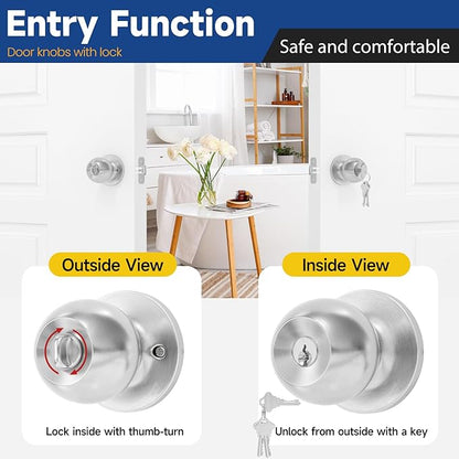 4 Pack Keyed Entry Door Knob with Lock and Key, Exterior and Interior Door Knob for Bedroom or Bathroom, Satin Nickel, Not Keyed Alike