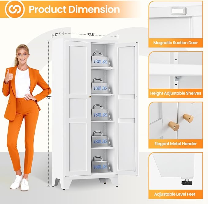 72" Tall Kitchen Cabinet Storage Unit With 2 Doors and 4 Adjustable Shelve, Metal White Freestanding Cupboard, 5 Tier Kitchen Pantry Storage Cabinet for Kitchen Dining/Living Room/Garage/Home/Office