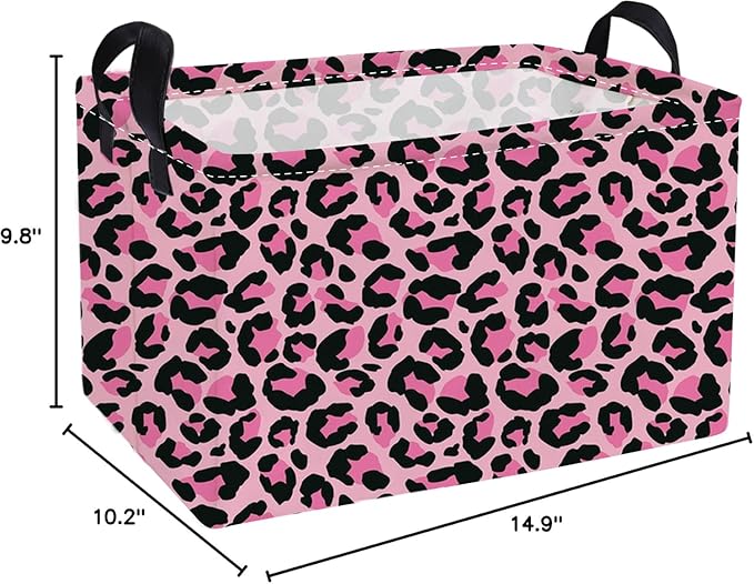 Essme Rectangular Kids Baskets,Pink Storage Basket with Handles for Girls Room Decor, Leopard Print Box,Cute Storage Bin（Pink leopard print）