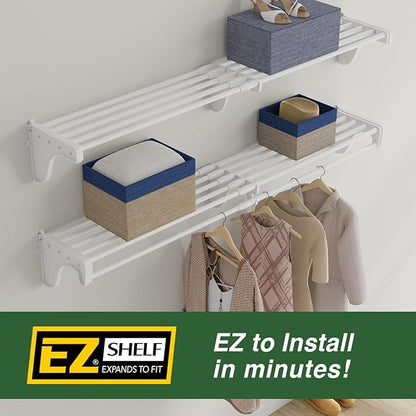 EZ Shelf-Expandable-Closet Shelf (NO Hanging Rod)- 42.5” to 75” -White-Easy Install to Backwall(Floating)-Wire Closet Shelving Alternative-(EZS-SW72-1-2)