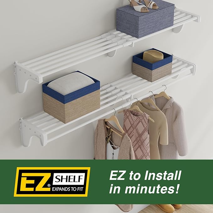 EZ Shelf-Expandable-Closet Shelf (NO Hanging Rod)- 19.5” to 29” -White-Easy Install to Backwall(Floating)-Wire Closet Shelving Alternative-(EZS-SW27-1-2)
