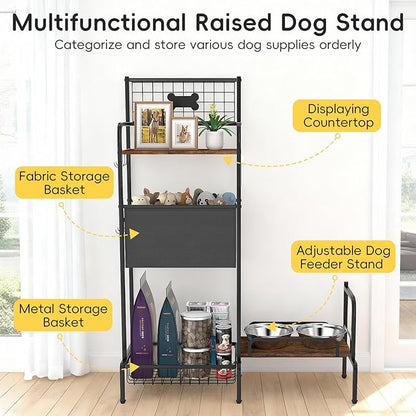 Elevated Dog Bowl Stand, Adjustable Raised Dog Stand, Pet Feeding Station Cabinet with Storage Organizer, Large Toy Bin Basket, Lifted Food and Water Bowl Holder for Large Medium Small Breed