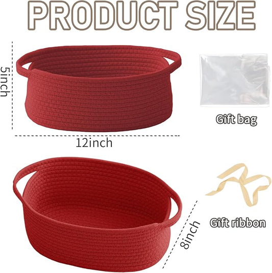 Woven Basket,Small Rope Storage Bin with Handles & Ribbon Bag, Organizer for Shelves Closets,Gift Basket Empty for Birthday,Books,Dog Toys, Red/3 Pack