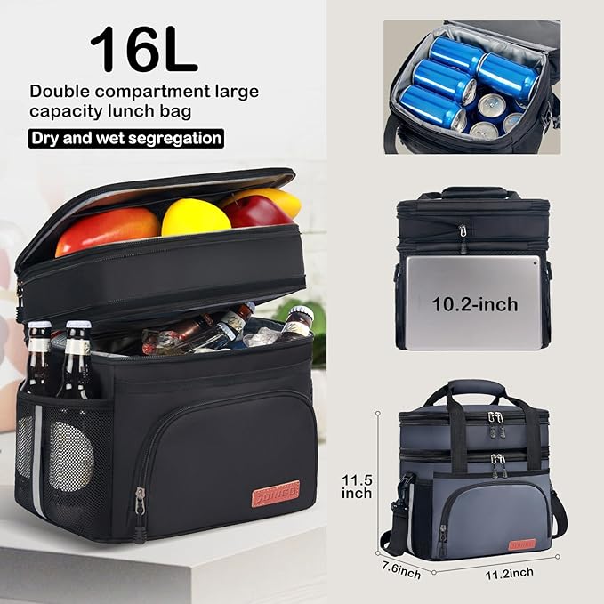 Tactical Lunch Box for Men & Women – Expandable 16L Double Deck Insulated Cooler Bag for Work, Construction & 12-Hour Shifts – Heavy Duty Leakproof Large Meal Prep Tote with Shoulder Strap