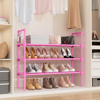 3 Tier Shoe Rack for Closet, Shoe Organizer with 5 Hooks, Long Shoe Shelf Storage for Shoe and Boot Stackable Free Standing Shoe Rack for Entryway, Garage, Small Spaces, Dorm, Pink