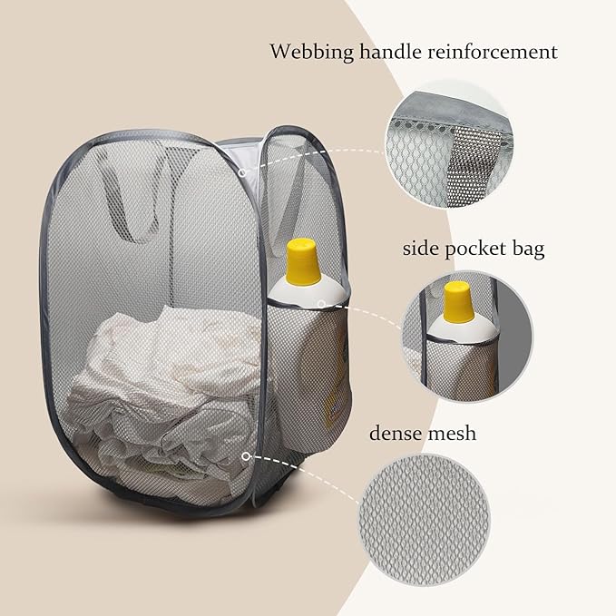 The upgraded pop-up laundry basket features a breathable side pocket mesh design, making it ideal for rooms, apartments, dormitories, travel, business trips, and children's storage(1, Gray)