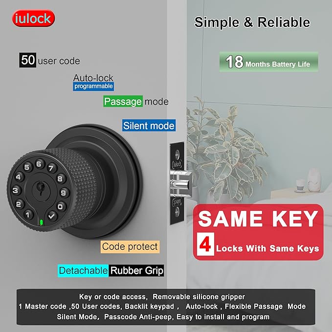 Smart Door Knob with Keypad and Key,Keyless Entry Door Lock with Rubber Grip, Auto Lock,50 User Code,Waterproof, Easy to Install and Program for Bedroom (Matte Black Same Key 4 Pack)