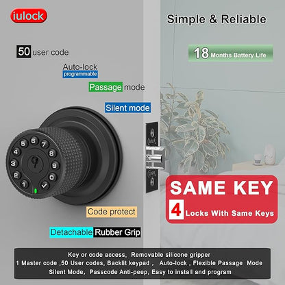 Smart Door Knob with Keypad and Key,Keyless Entry Door Lock with Rubber Grip, Auto Lock,50 User Code,Waterproof, Easy to Install and Program for Bedroom (Matte Black Same Key 4 Pack)