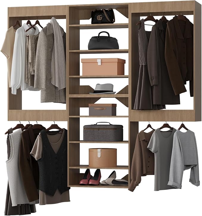 ROOMTEC Modular Closet System, 96" Wall-Mounted Closet Organizer with Hanging Rods and Shelves, Wooden Tower for Walk-In Closets, Wardrobe Storage Kit, Wood