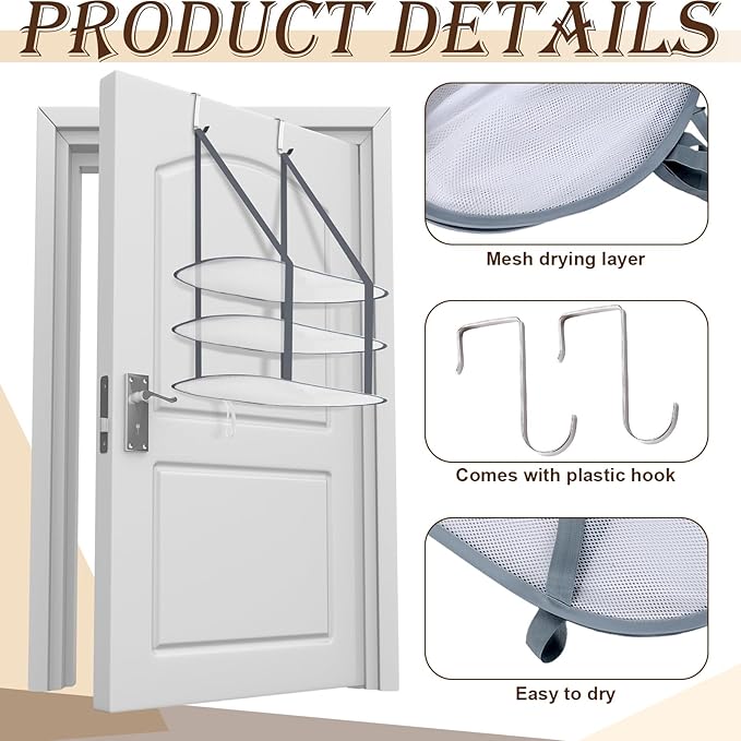 2 Pcs 3 Tier Sweater Drying Rack Flat Over The Door Folding Drying Rack Large Lay Laundry Hanging Dryer Mesh Clothes Dry Hanger for Apartments Dorms Bathrooms (Gray,26.5 x 18 x 34.5 Inch)