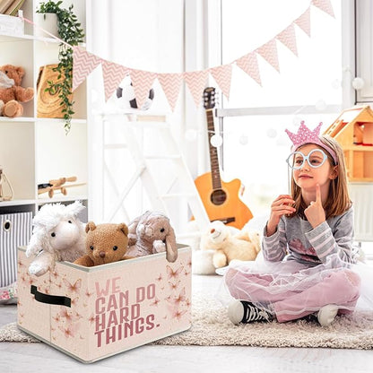 Pink Butterfly Inspirational Quote Storage Bin Box with Handles, We Can Do Hard Things Foldable Organizer Basket Toybox for Girls Room Nursery Bedroom Bathroom Clothes Toys Books