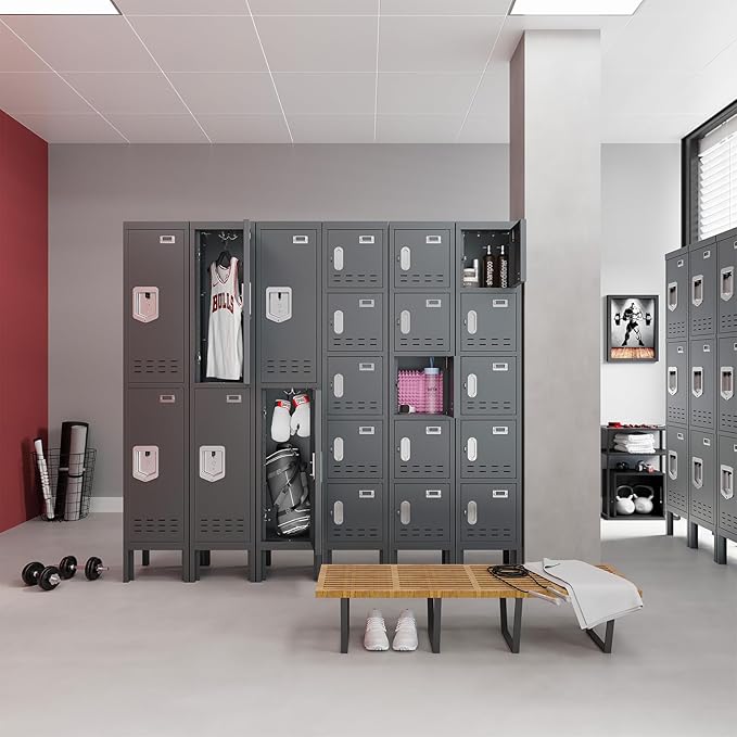 Metal Storage Locker with Lock & Card Slot Locker - Secure Lockable Door - Steel Locker for School, Office, Gym, Home - 66.15" H x 11.8" W x 11.8" D（5 Door, Grey）